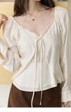 MISHOW Women's French Lace Trim Blouse 2026 Autumn V‑Neck Tie Front Loose solid blouses Babydoll Style Casual Tops MXF43X2783
