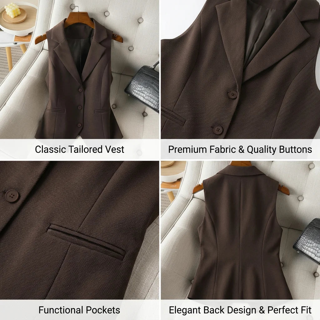 Vintage Women's Brown Custom Waistcoat Sleeveless Lapel Suit Vest Daily Commute Button Slim Design, Casual All Fold Wear