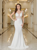 MisShow Elegant Straps White Mermaid Wedding Dresses Lace Pearls Backless V Neck Sleeveless Formal Party Gowns Vestido Marriee
