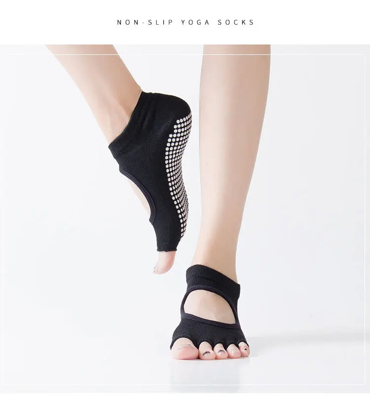 Women Backless Five Toe Yoga Socks Non-Slip Cotton Ladies Dance Ballet Socks Open Half Breathable Fitness Sport Sock for Pilates