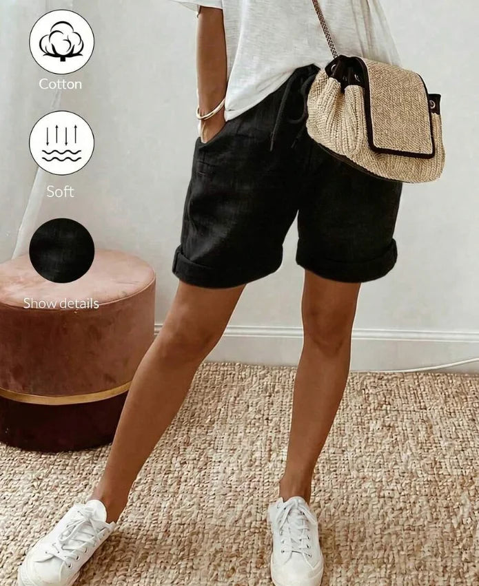 Women's Summer Vintage Modest Linen Casual Drawstring Rolled Hem Shorts,Elastic Waist Textured Fabric Khaki Loose Trousers For Vacation