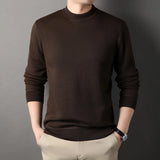 Mens Round Neck Sweater Fleeced Knitwear Solid Color Velvet Jumpers Slim Fit Elegant Luxury Brand Brown Knitted Sweaters