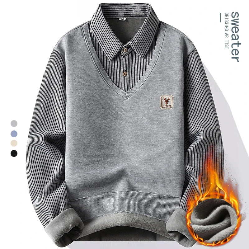 Mens Polo Sweater Shirt Collar Knit Pullover Autumn Winter Fleece T-shirt Casual Sweaters Navy Blue Khaki Korean Clothing