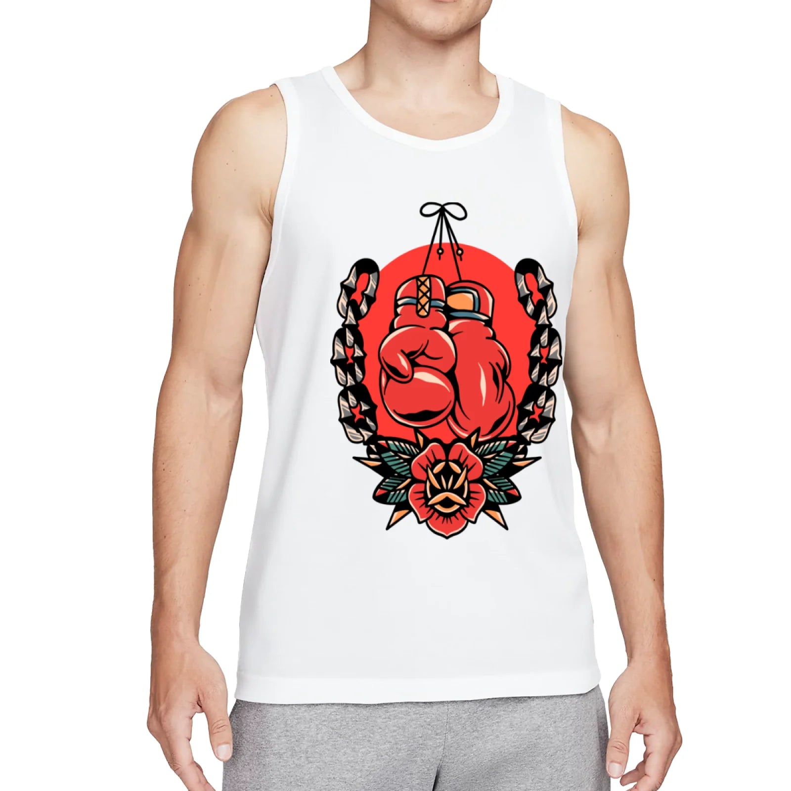 Retro Flaming Praying Hands Tank Top, Vintage Gothic Fire Graphic Sleeveless Tee, Old School Tattoo Style Streetwear Vest for Men