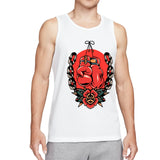 Retro Flaming Praying Hands Tank Top, Vintage Gothic Fire Graphic Sleeveless Tee, Old School Tattoo Style Streetwear Vest for Men