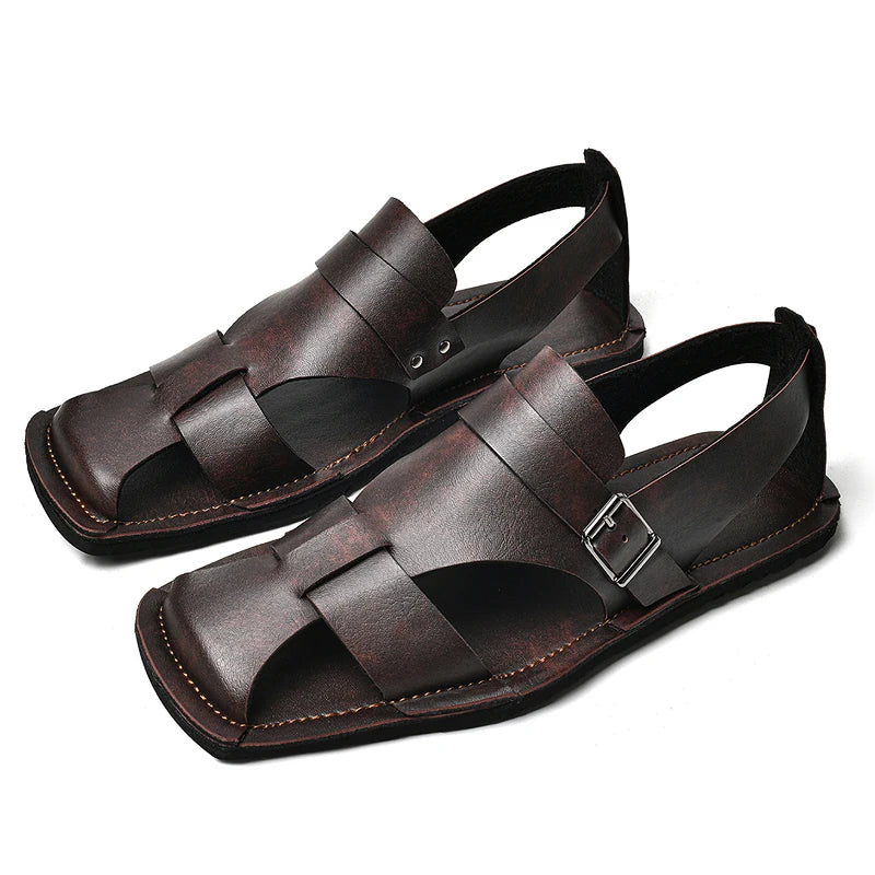 Retro Men's Summer Fashion Hollow Breathable Sandals Comfortable Anti-Slip Wear-Resistant Handmade Roman Style Slippers