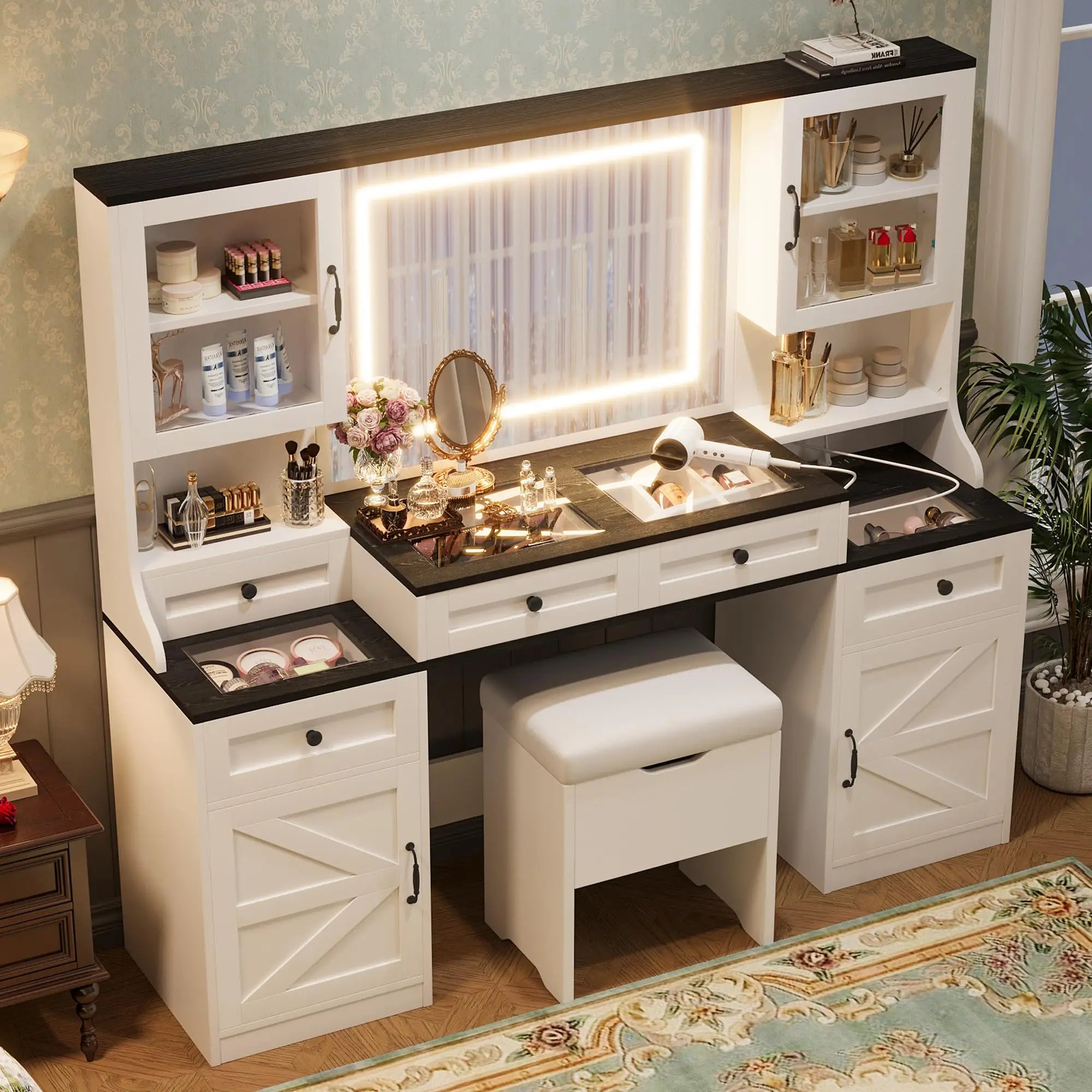Luxury Makeup Vanity Desk with 3-Color LED Mirror and Stool, Adjustable Length Vanity Table with Movable Side Cabinet