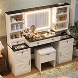 Luxury Makeup Vanity Desk with 3-Color LED Mirror and Stool, Adjustable Length Vanity Table with Movable Side Cabinet