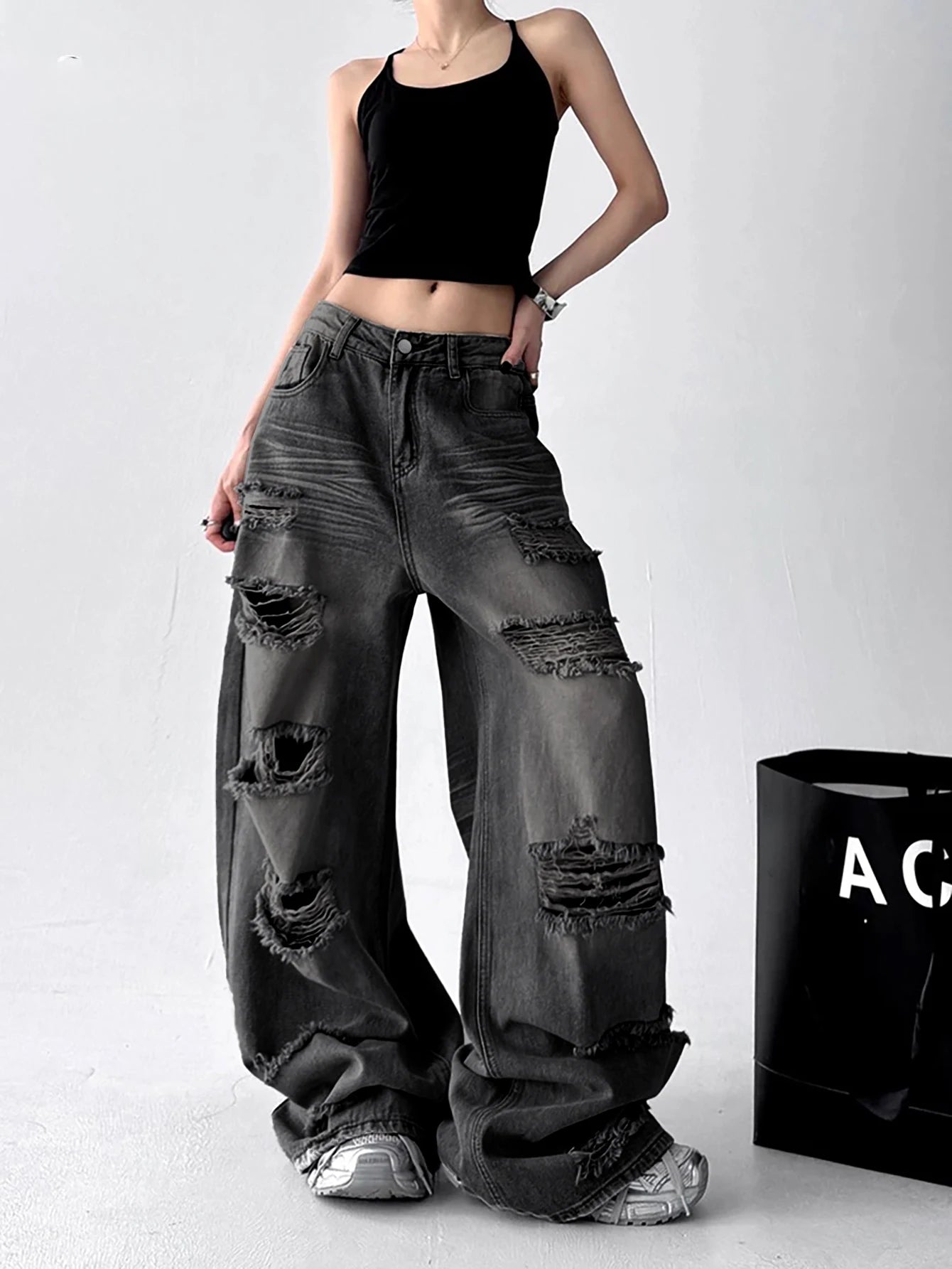 American Vintage Trend Ripped Frayed Black Baggy Jeans Women Y2K Street-Style Distressed Design Fashionable Versatile Wide-Leg Pants