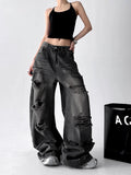 American Vintage Trend Ripped Frayed Black Baggy Jeans Women Y2K Street-Style Distressed Design Fashionable Versatile Wide-Leg Pants
