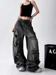 American Vintage Trend Ripped Frayed Black Baggy Jeans Women Y2K Street-Style Distressed Design Fashionable Versatile Wide-Leg Pants