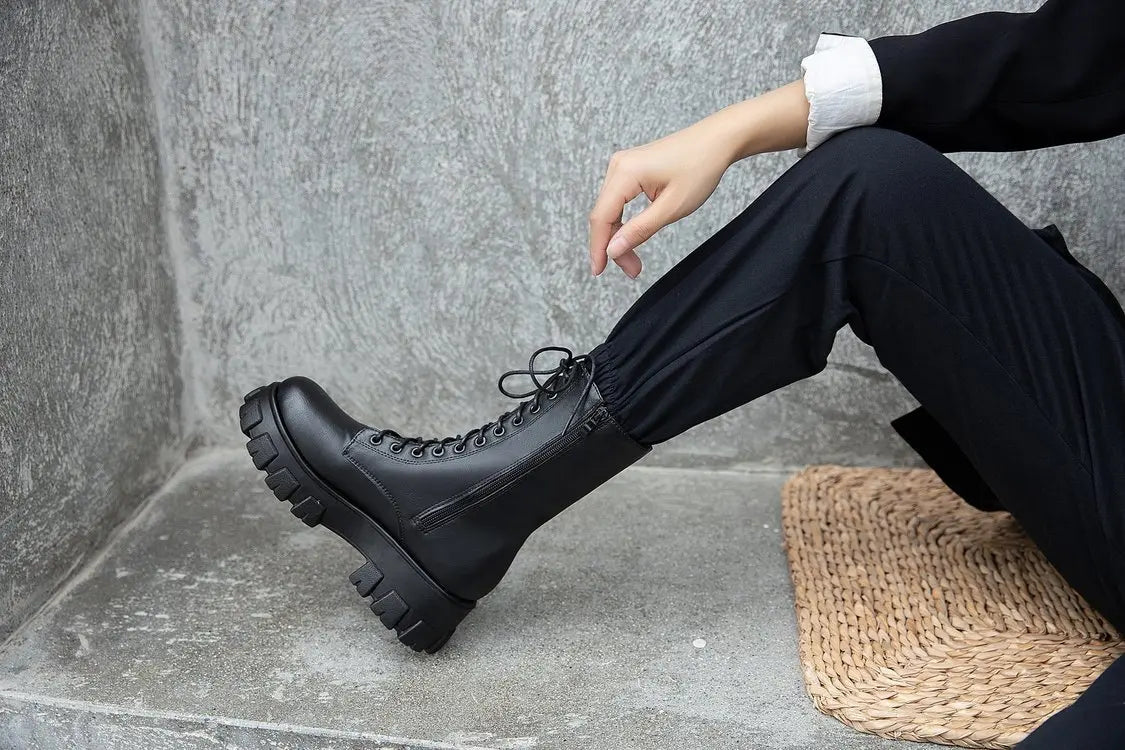 Platform Women's Ankle Boots Autumn 2023 Black White Thick Bottom Motorcycle Botas Mujer Pu Leather Non-Slip Combat Boots Women