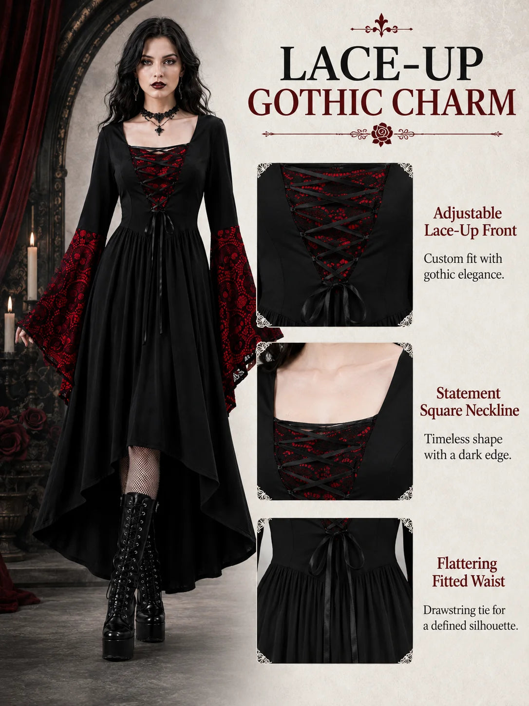 Women Gothic Medieval Dress Skull Lace Bell Long Sleeve Lace Up Front High Low Midi Dress Vintage Renaissance Witch Costume Halloween Cosplay Party Dress