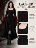Women Gothic Medieval Dress Skull Lace Bell Long Sleeve Lace Up Front High Low Midi Dress Vintage Renaissance Witch Costume Halloween Cosplay Party Dress