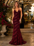Sexy Sequin Floral Mermaid Evening Gown for Women Deep V Neck Spaghetti Strap Formal Prom Dress Floor Length Tulle Wedding Guest Party Ball Gown