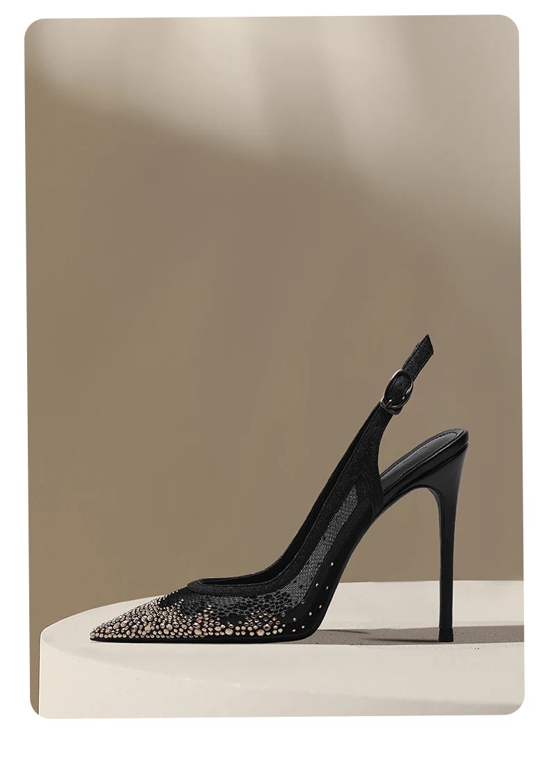 New Baotou Sexy Sandals with One Buckle and Summer Mesh, Rhinestone High Heels for Women, Slim Heels, Shallow Mouth