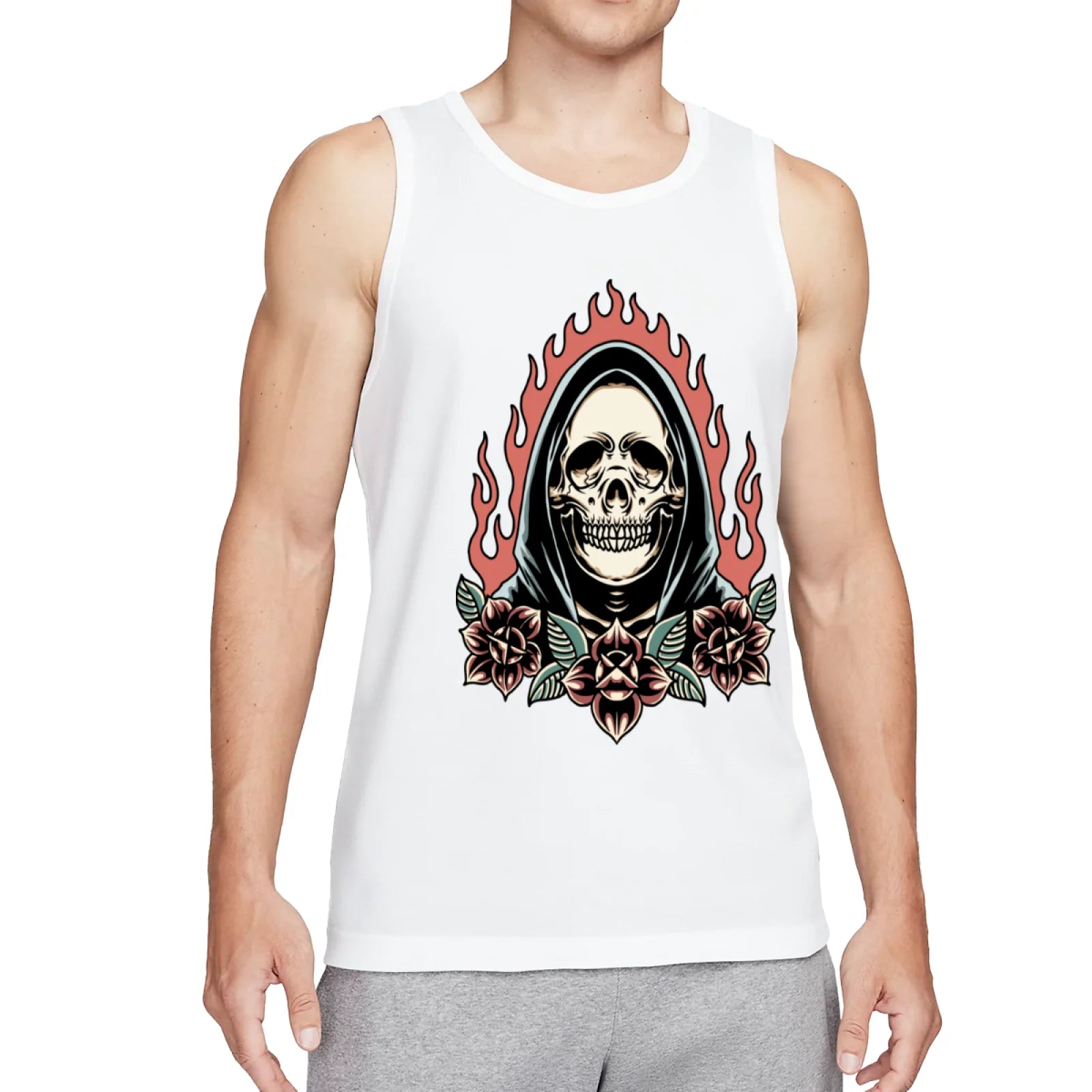 Retro Flaming Praying Hands Tank Top, Vintage Gothic Fire Graphic Sleeveless Tee, Old School Tattoo Style Streetwear Vest for Men
