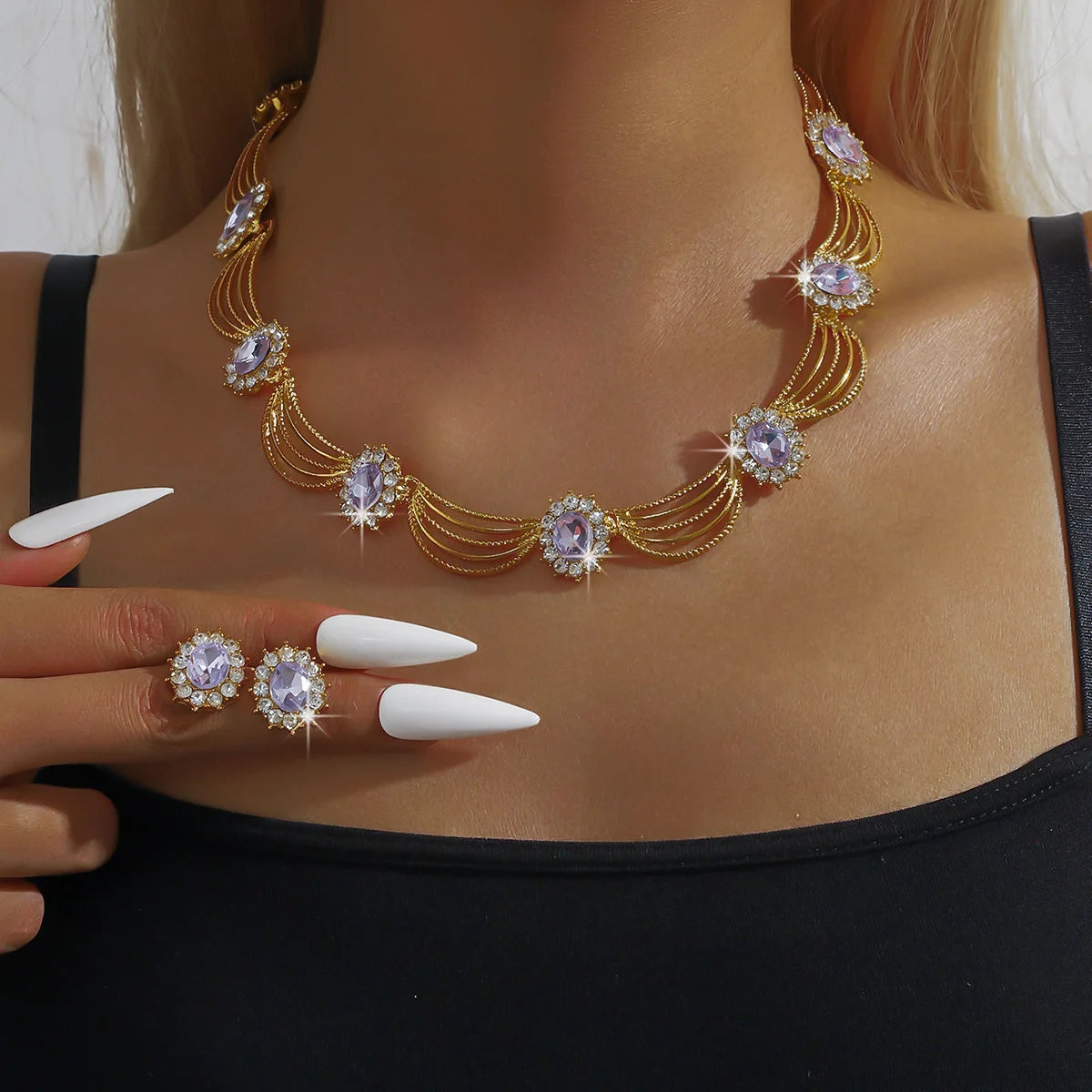 Luxury and High-End Retro Gemstone Necklace Earrings, Bride's Wedding Banquet Jewelry Set, Date, Birthday, Dinner Party