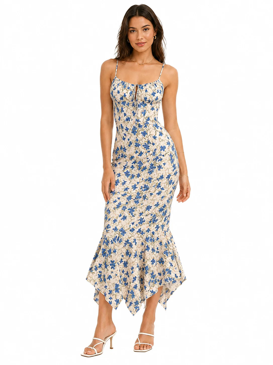 Floral Print Spaghetti Strap Maxi Dress for Women, V Neck Front Drawstring Bodycon Midi Long Dress, Slim Fit Split Hem Summer Beach Vacation Party Sundress
