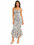 Floral Print Spaghetti Strap Maxi Dress for Women, V Neck Front Drawstring Bodycon Midi Long Dress, Slim Fit Split Hem Summer Beach Vacation Party Sundress