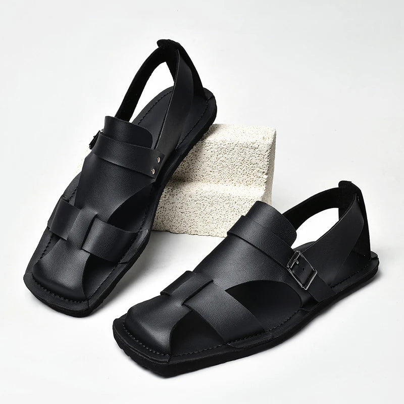 Retro Men's Summer Fashion Hollow Breathable Sandals Comfortable Anti-Slip Wear-Resistant Handmade Roman Style Slippers