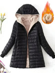 Autumn and Winter New Mid Autumn Long Hooded Cotton Jacket with Fleece for Warmth, Women's Coat