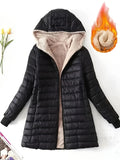 Autumn and Winter New Mid Autumn Long Hooded Cotton Jacket with Fleece for Warmth, Women's Coat