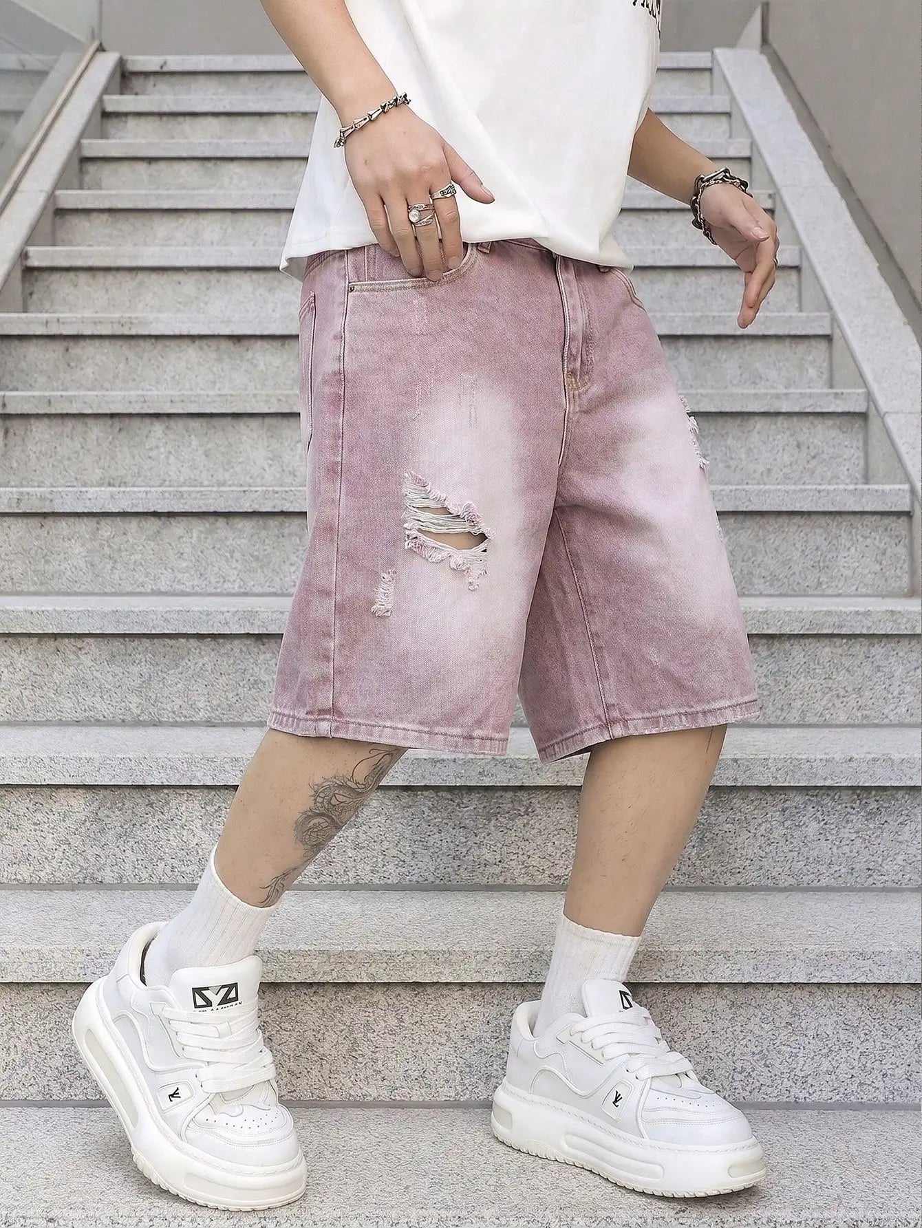 Men Vintage Baggy Distressed Denim Shorts Gradient Wash Ripped Straight High Street Trendy Casual Cargo Summer Jeans Short