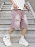 Men Vintage Baggy Distressed Denim Shorts Gradient Wash Ripped Straight High Street Trendy Casual Cargo Summer Jeans Short
