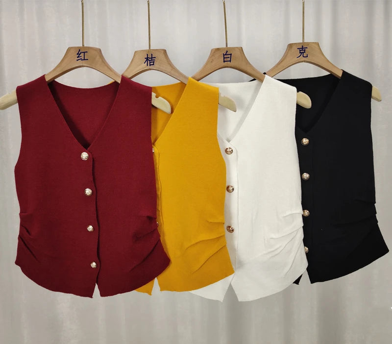 Womens Gold Button Front Vest V-Neck Ruched Waist Sleeveless Knit Jacket Casual Chic Spring Summer 2025 Trendy Outfit