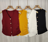 Womens Gold Button Front Vest V-Neck Ruched Waist Sleeveless Knit Jacket Casual Chic Spring Summer 2025 Trendy Outfit