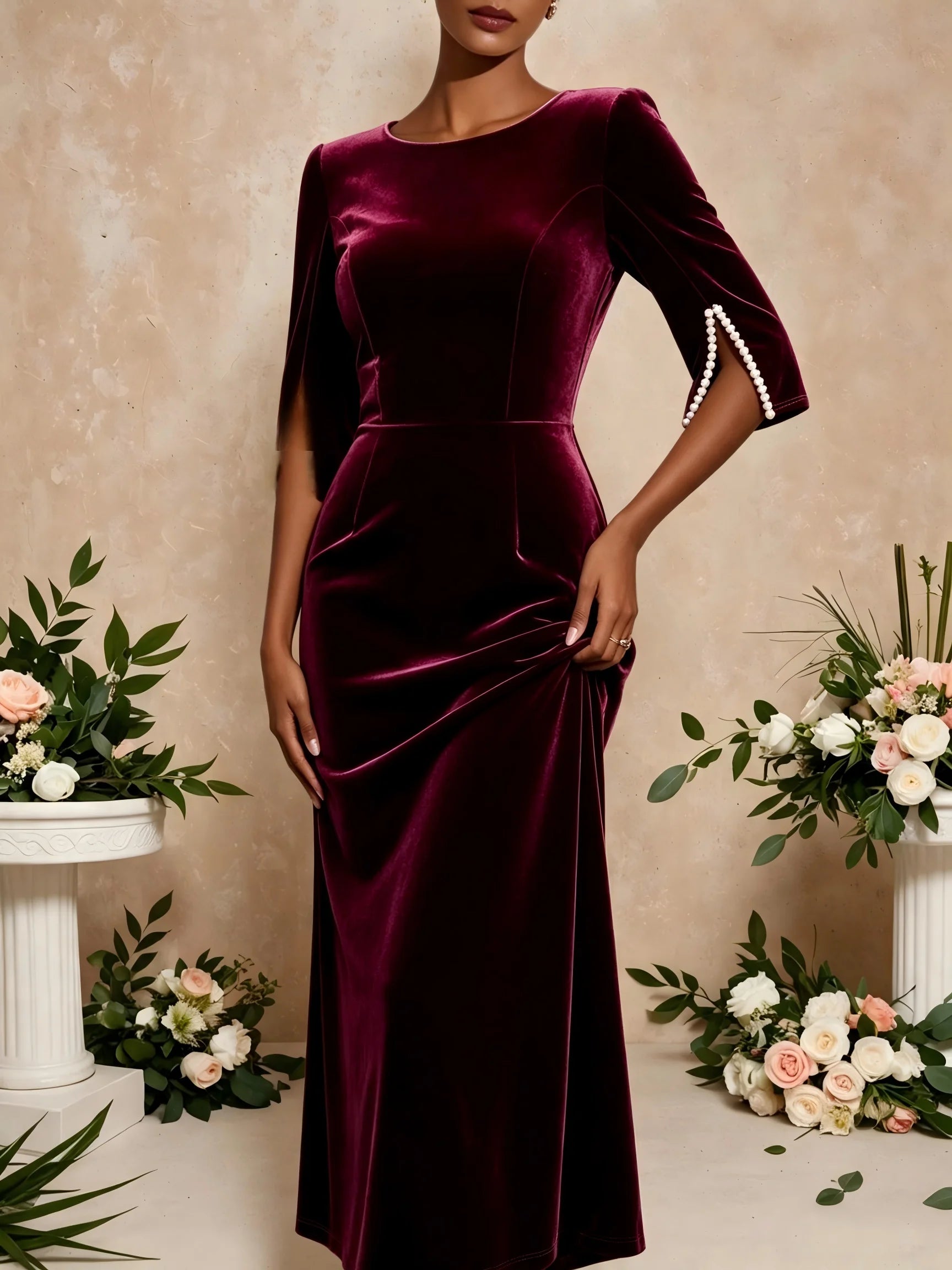 Women Burgundy Velvet Midi Dress Round Neck Pearl Split 3/4 Sleeve Bodycon Pencil Dress Elegant Wedding Guest Evening Party Formal Dresses