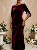 Women Burgundy Velvet Midi Dress Round Neck Pearl Split 3/4 Sleeve Bodycon Pencil Dress Elegant Wedding Guest Evening Party Formal Dresses