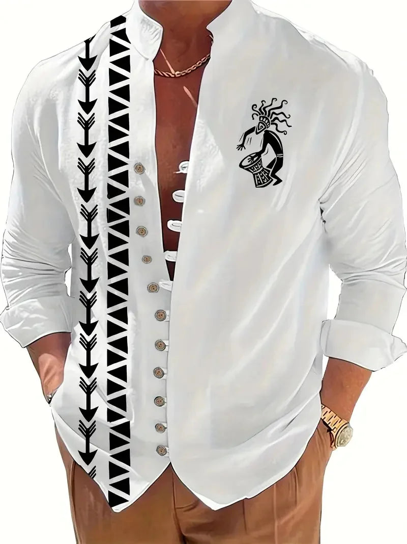 New Men's Fashion Long Sleeve Shirt Ethnic Wind Fashion Casual Street Outdoor Shirt Linen Shirt Top