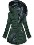 Women Hooded Warm Padded Jacket Fleece Lined Interior Diagonal Zipper Slim Silhouette Mid Length Winter Outer Coat