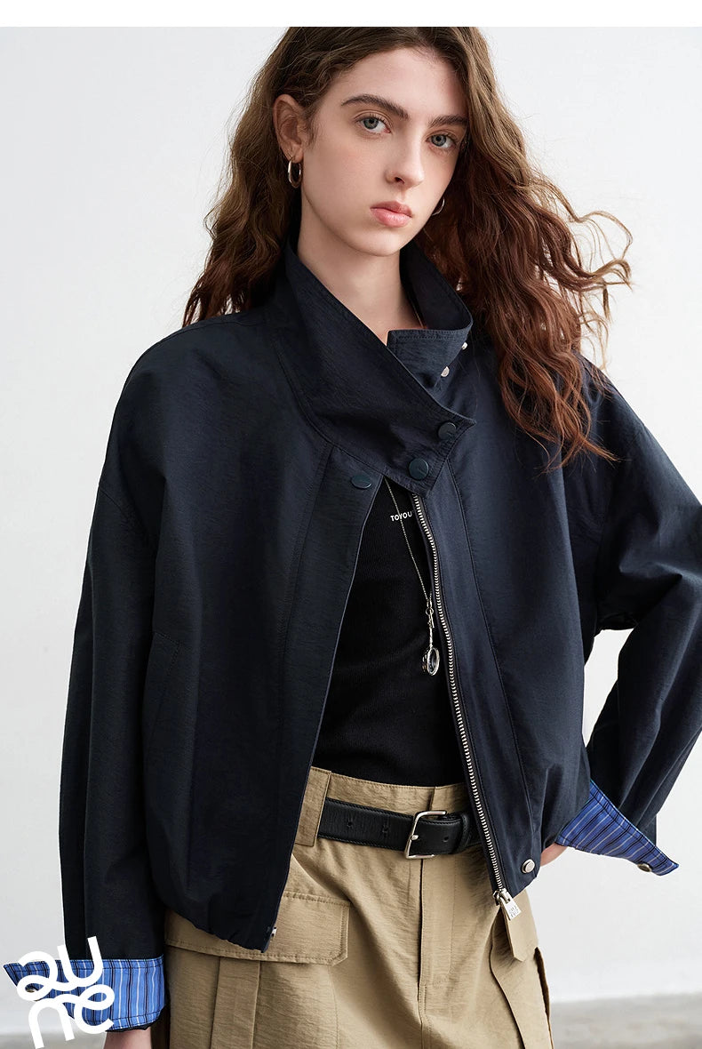 TOYOUTH Women Slub Cotton Jackets 2026 Spring New Cropped Tulip Silhouette Striped Cuff - Turn Up Stand Collar Tops