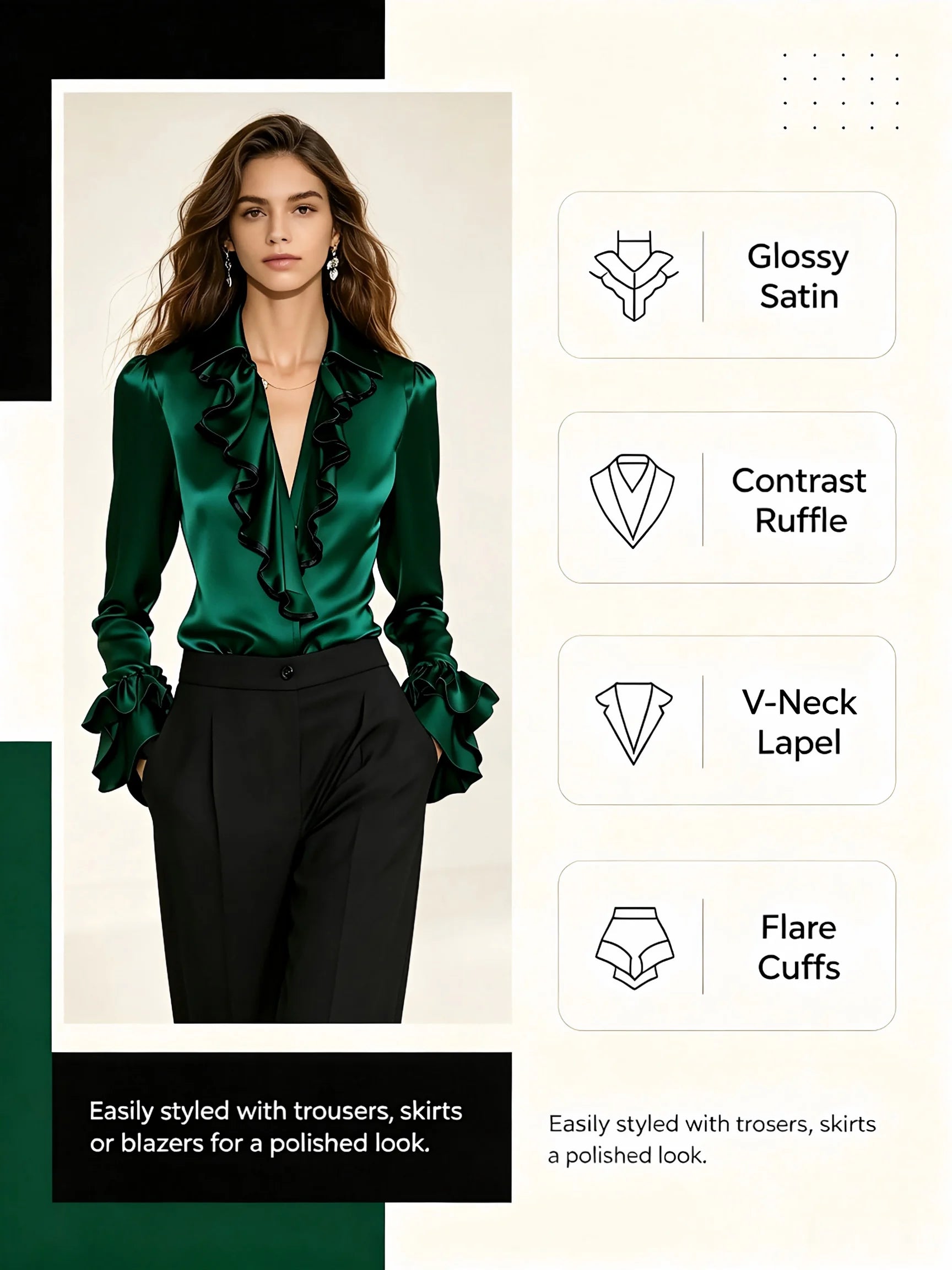 Elegant Satin Blouse for Women Lapel Ruffle Trim V‑Neck Long Flare Sleeve Office Work Shirt
