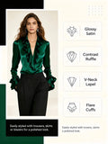 Elegant Satin Blouse for Women Lapel Ruffle Trim V‑Neck Long Flare Sleeve Office Work Shirt