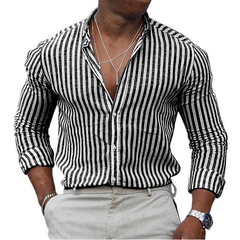 New mens Stripe Shirt Long Sleeve Printing Breathable T Shirts Lapel Basic Shirts for Men Lightweight Hawaiian Shirt  Streetwear