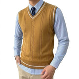 Mens V Neck Knitted Sweater Vest Lightweight Breathable Patchwork Pullover Autumn Casual Business Streetwear Knitwear for Men