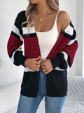 Women's Color Block Striped Cardigan Sweaters 2026 Autumn Winter Casual Lantern Long Sleeve Knitted Coats Fashion Woman Outwear