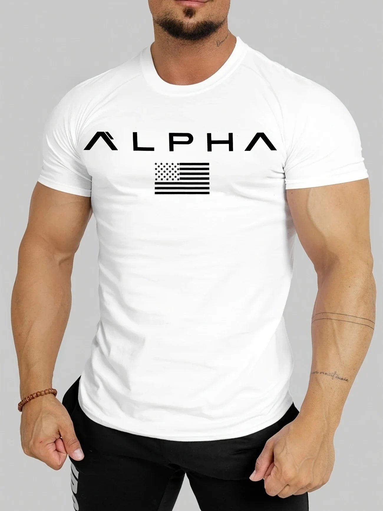 Spring and Summer Pure Color Printing Sports Fitness Short-sleeved T-shirt Men's O Neck Stretch Training Exercise T-shirt top