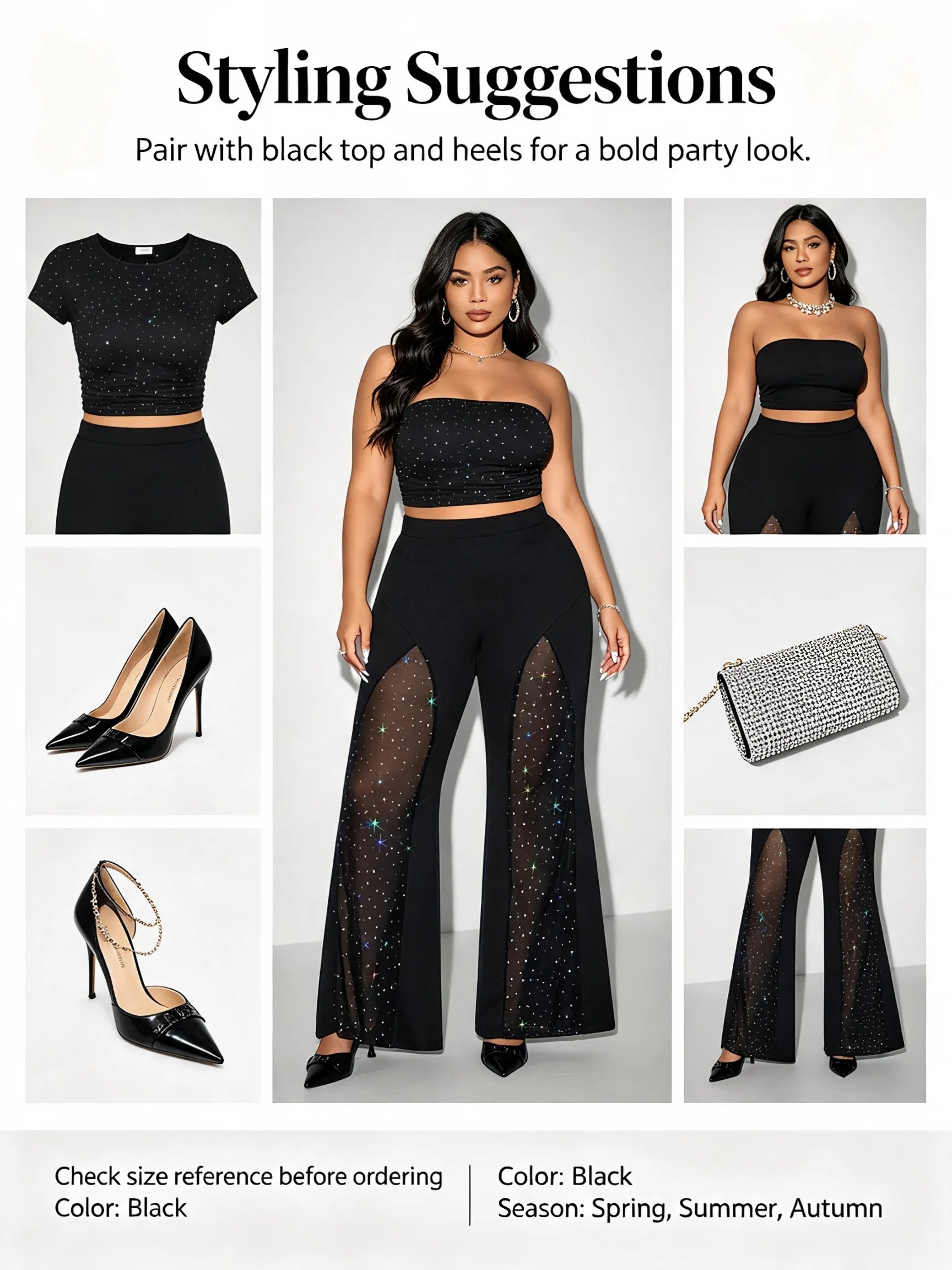 Plus Size Women Mesh Rhinestone Flare Pants High Waist See Through Sparkly Bell Bottom Trousers Night Club Party Black Pants