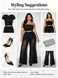 Plus Size Women Mesh Rhinestone Flare Pants High Waist See Through Sparkly Bell Bottom Trousers Night Club Party Black Pants