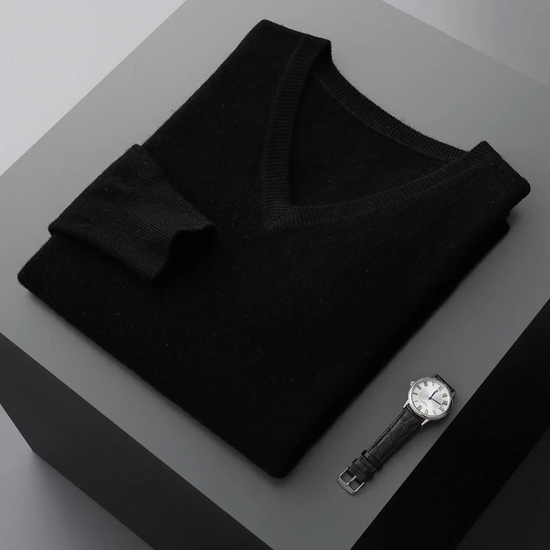 Autumn And Winter New Men's V-Neck Cashmere Loose Thickened Solid Color Wool Knitted Bottoming Shirt Business Casual Sweater