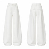 Women's White Wide Leg Jeans, High Waist Loose Baggy Denim Pants Casual Solid Color Full Length Palazzo Trousers with Pockets for Daily Street Shopping