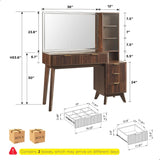 Fluted 48 Inch Makeup Vanity Desk 36 Inch Lighted Mirror Dark Walnut Smart LED Visible Glass Top 5 Drawers Adjustable Storage Sh