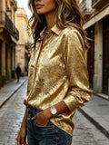 Lady's Golden Shirt with Brocade Leaf Pattern Buttons, Long-Sleeved, Stand-Up Collar Top. Elegant Style, Suitable for Office Parties.