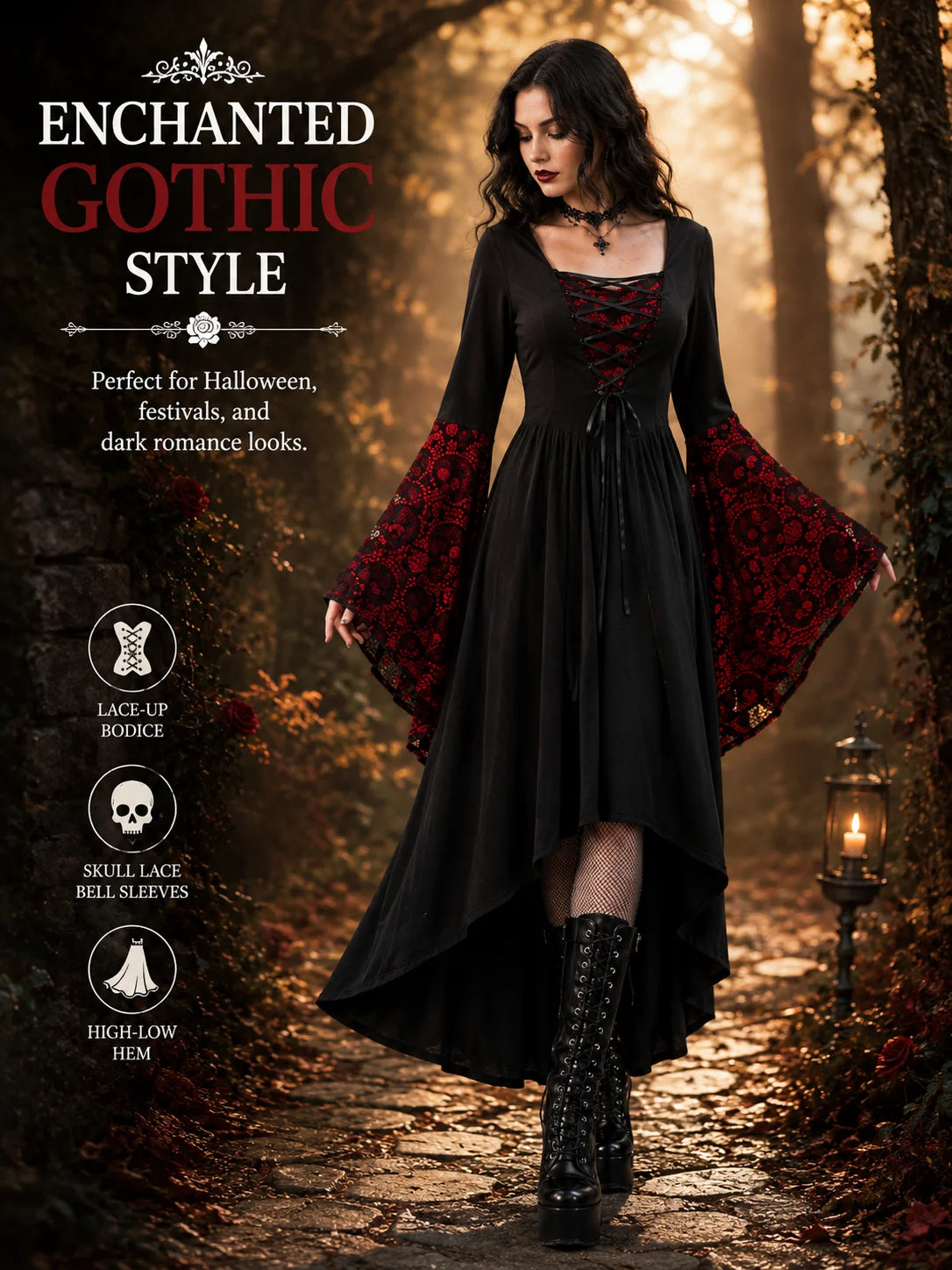 Women Gothic Medieval Dress Skull Lace Bell Long Sleeve Lace Up Front High Low Midi Dress Vintage Renaissance Witch Costume Halloween Cosplay Party Dress