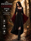 Women Gothic Medieval Dress Skull Lace Bell Long Sleeve Lace Up Front High Low Midi Dress Vintage Renaissance Witch Costume Halloween Cosplay Party Dress